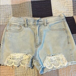 Women's Light Blue Denim Shorts with Lace Detail